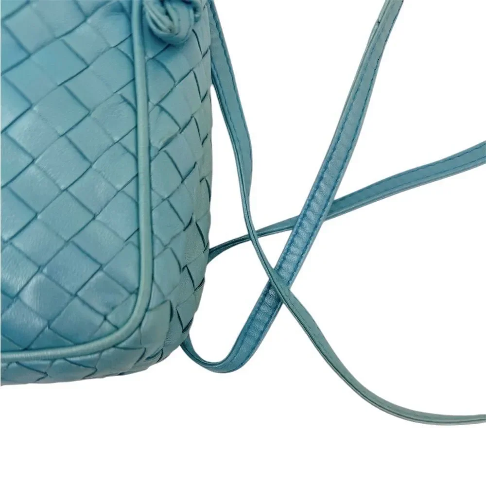 Auth Bottega Veneta Metallic Blue Intreciatto Camera Crossbody Shoulder Bag